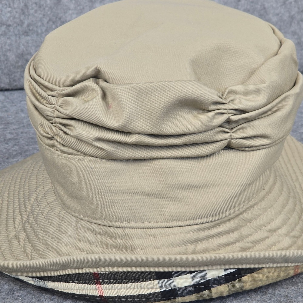 Burberry Bucket Hat Womens 7 Tan Ruched Nova Check Lining Vintage England Clean! - Picture 8 of 16